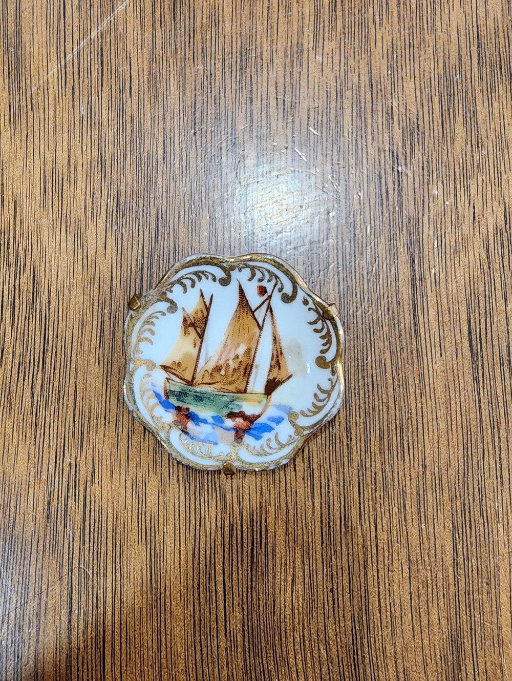 Vintage Limoges French Porcelain Pin Brooch Gold Trim Hand Painted Sailboat